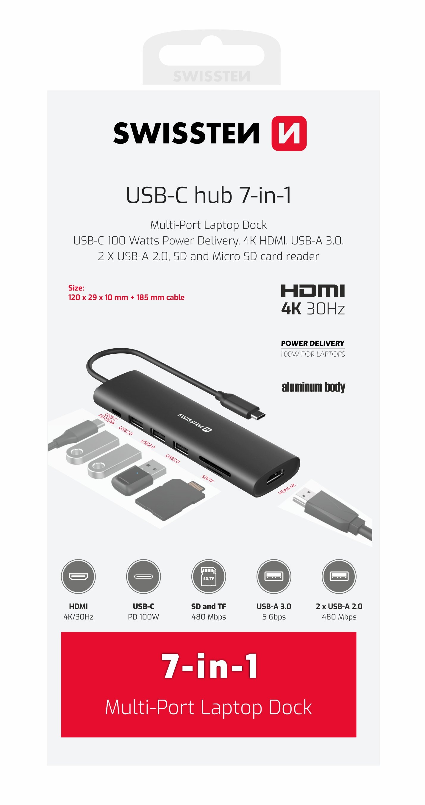 Swissten Daudzportu klēpjdatora dokstacija USB-C Hub 7in1 USB-C 100W / HDMI 4K / USB-A 3.0 / 2x USB-A 2.0 / SD / MicroSD dock stacijas HDD adapteri