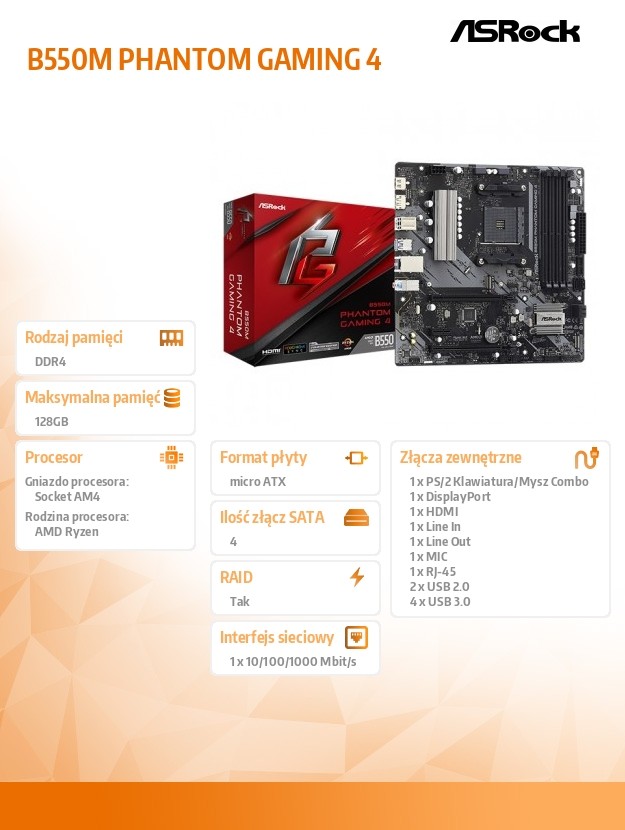 Asrock B550M Phantom Gaming 4 Socket AM4 micro ATX AMD B550 pamatplate, mātesplate