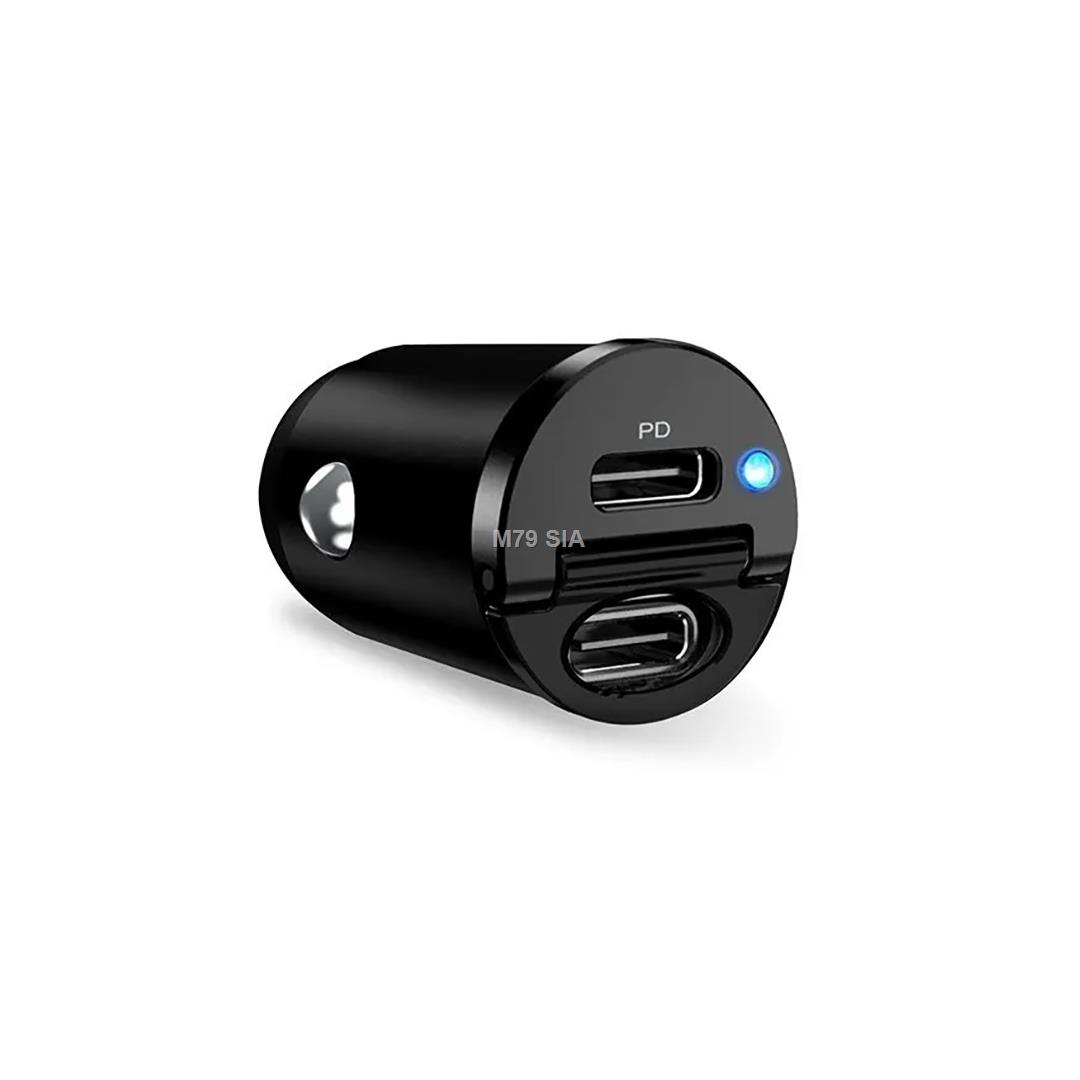 Puro Mini Car Charger, 2x USB-C, 30W, melna - Auto ladetajs