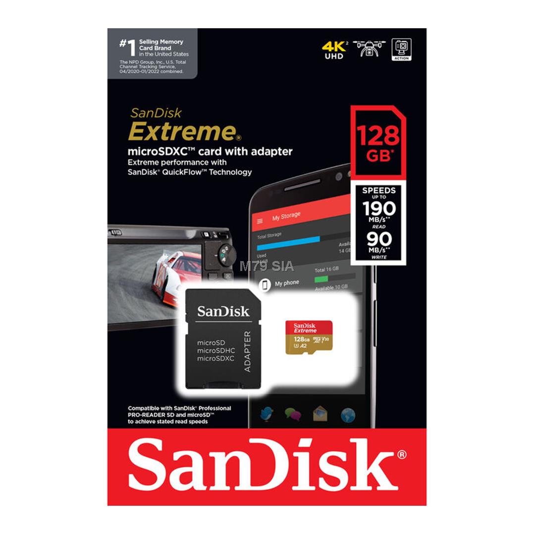 SANDISK Extreme 128GB microSDXC + SD Adapter atmiņas karte