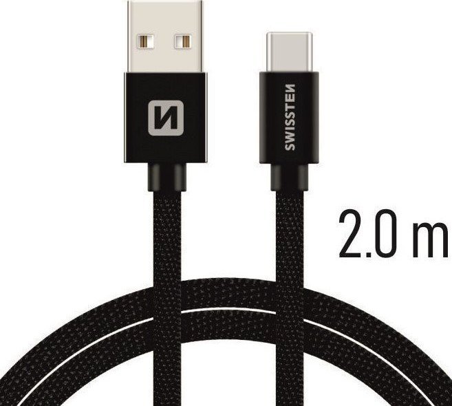 Swissten Textile Universāls Quick Charge 3.1 USB-C Datu un Uzlādes Kabelis 2m Melns USB kabelis