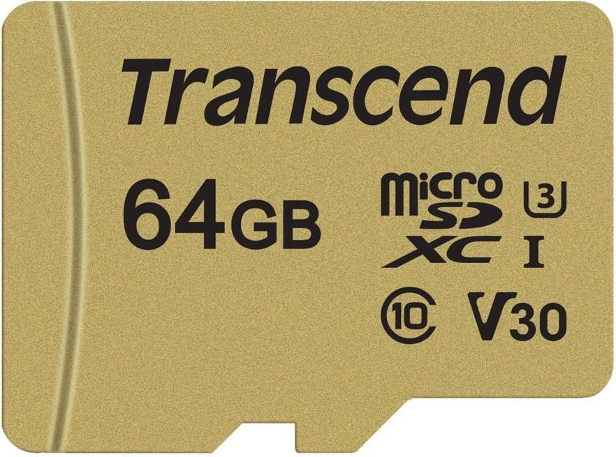 Transcend microSDXC 500S    64GB Class 10 UHS-I U3 V30 + Adapter atmiņas karte