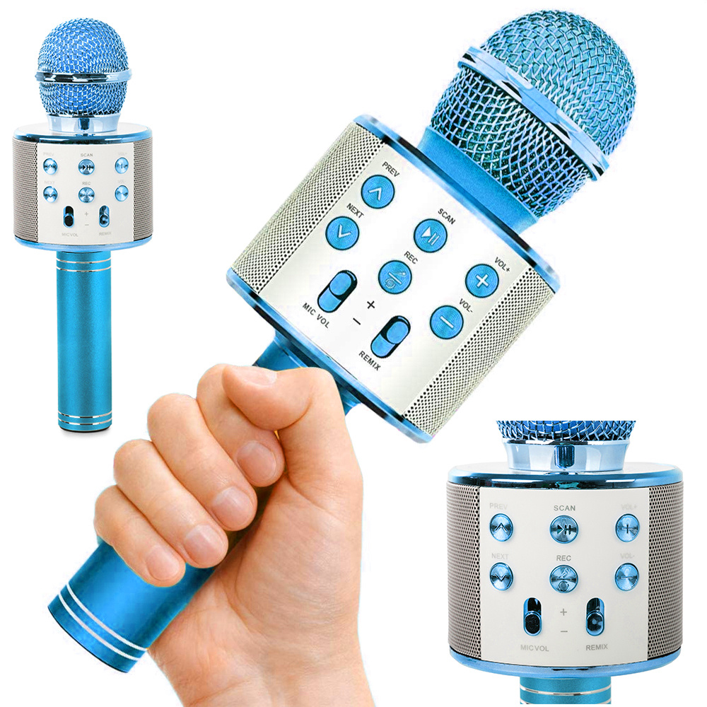 Goodbuy karaoke mikrofons ar iebūvētu bluetooth skaļruni | 3W | aux | balss modulators | USB | Micro SD zils GBMIK3WBLUE (4752243053478) Mikrofons