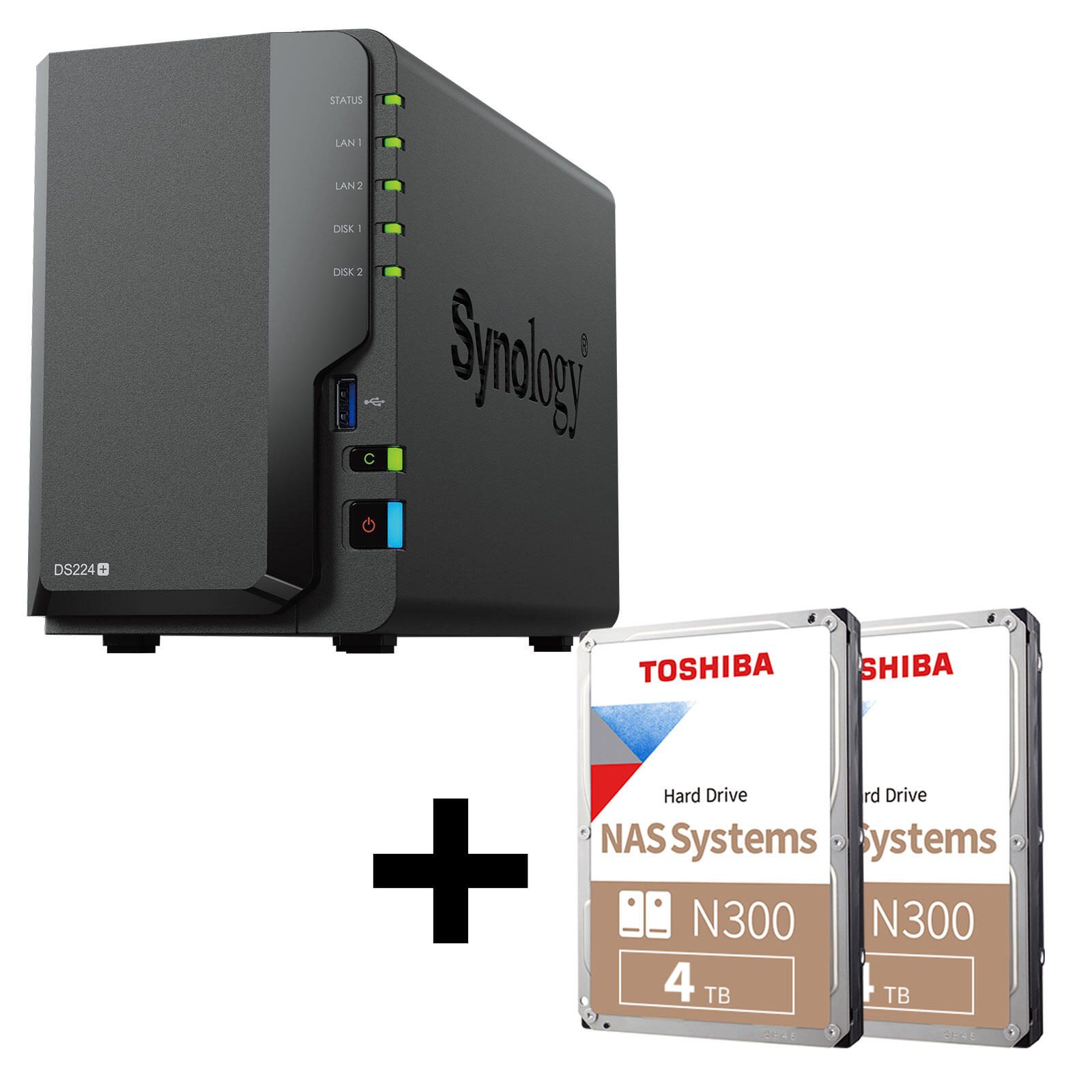 Synology DiskStation DS224+ 2 Einschube NAS-Server Leergehause + 8 TB Toshiba N300 NAS HDD (2x 4TB) DS224+ & HDWG440UZSVA