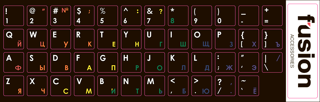 Fusion laminētas klaviatūras uzlīmes RU | ENG varavīksnes krāsas FUS-UZ-RE-RB (4752243050941)