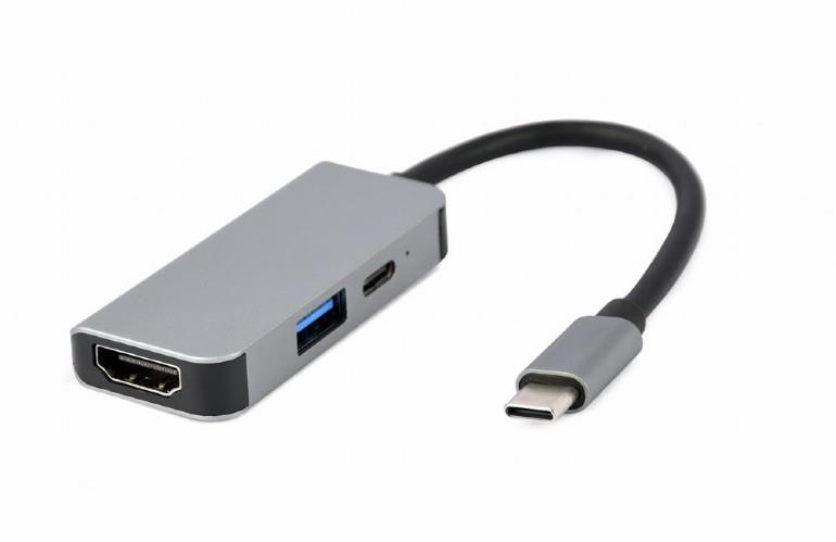 Gembird A-CM-COMBO3-02 USB Type-C 3-in-1 multi-port adapter (USB port + HDMI + PD), silver USB centrmezgli