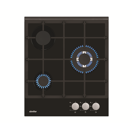 Simfer Hob H4.305.HGSSP Gas on glass, Number of burners/cooking zones 3, Rotary painted inox knobs, Black, 45 cm plīts virsma