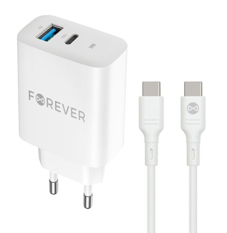 Forever TC-07 Tīkla Lādētājs PD / QC / USB-C / USB / 30W + USB-C Kabelis 60W GSM180736 (5907457738447) iekārtas lādētājs