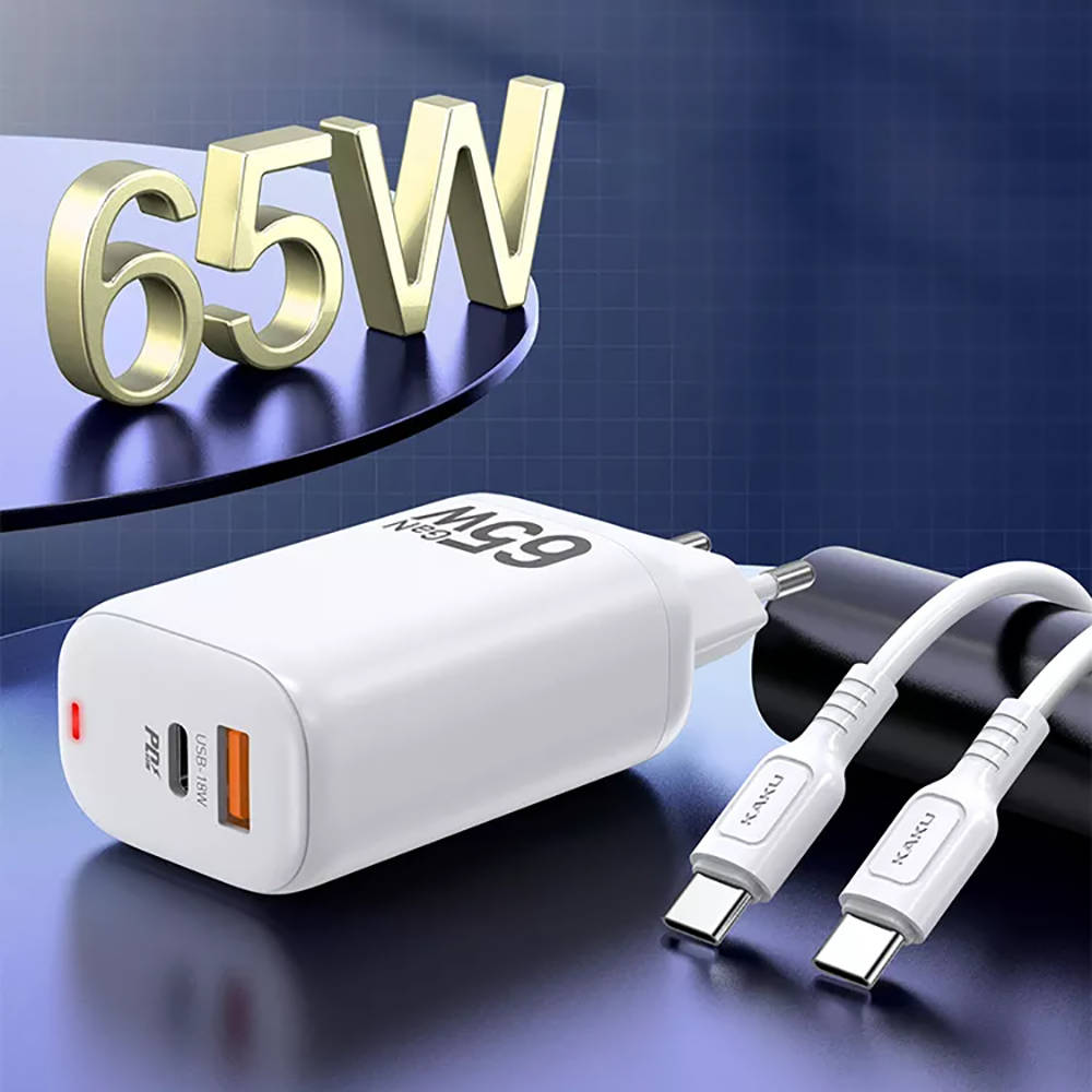 iKaku KSC-690 Divu Ligzdu Tīkla lādētājs GaN 65W (USB type C + USB) + Kabelis 100W 1m USB-C-USB-C Balts iekārtas lādētājs