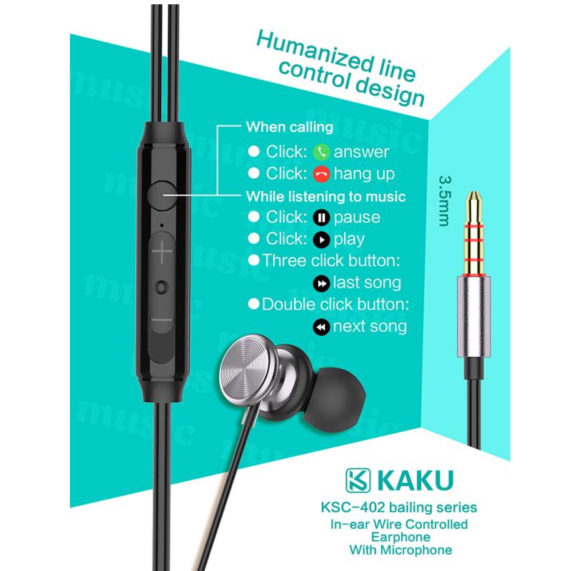 iKaku Bailing Hi-Fi In-Ear Mūzikas un Zvanu Austņas 3.5mm 1.2m Vads ar Mikrofonu un Pulti Balta