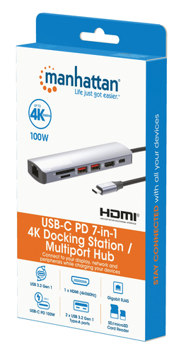 MANHATTAN 7-in-1 4K USB-C Dockingstation 1xHDMI 2xUSB 10Gb/s dock stacijas HDD adapteri