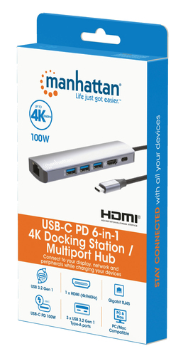 MANHATTAN 6-in-1 4K USB-C Dockingstation 1xHDMI 3xUSB 5 Gb/s dock stacijas HDD adapteri