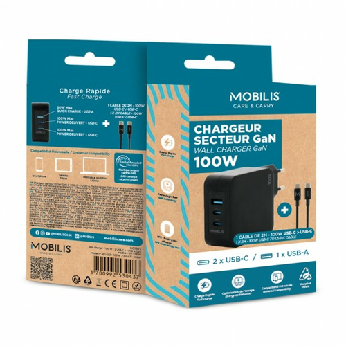 MOBILIS WALL CHARGER - 100 W - 2 USB C + 1 USB A GAN + CABLE - 2M - 100 auto audio aksesuārs