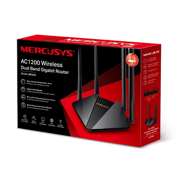 Mercusys AC1200 Wireless Dual Band Gigabit Router MR30G 802.11ac, 867+300 Mbit/s, Ethernet LAN (RJ-45) ports 2 times  Gigabit LAN Ports, Ant Rūteris