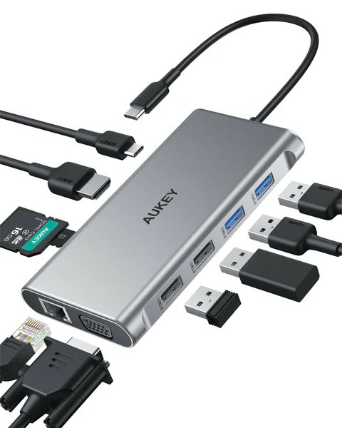 Hub USB-C CB-C89 Aluminium | 10w1 | RJ45 Ethernet 10/100/1000Mbps | 4xUSB | HDMI 4k@30Hz | SD i microSD | USB-C Power Delivery 100W USB centrmezgli
