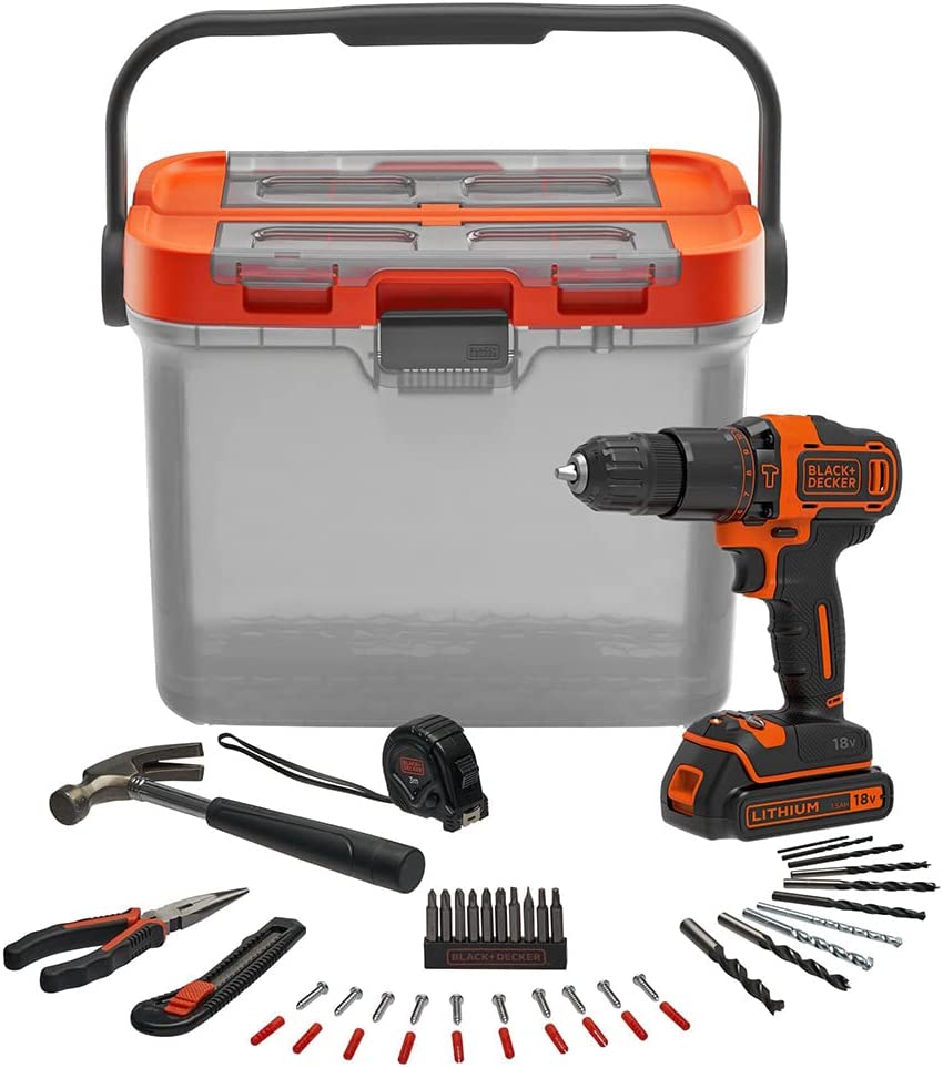 Black+Decker Cordless combi drill BCKSB05-QW, 18 volts (orange/black, Li-ion battery 1.5 Ah, case, 44-piece accessory set)