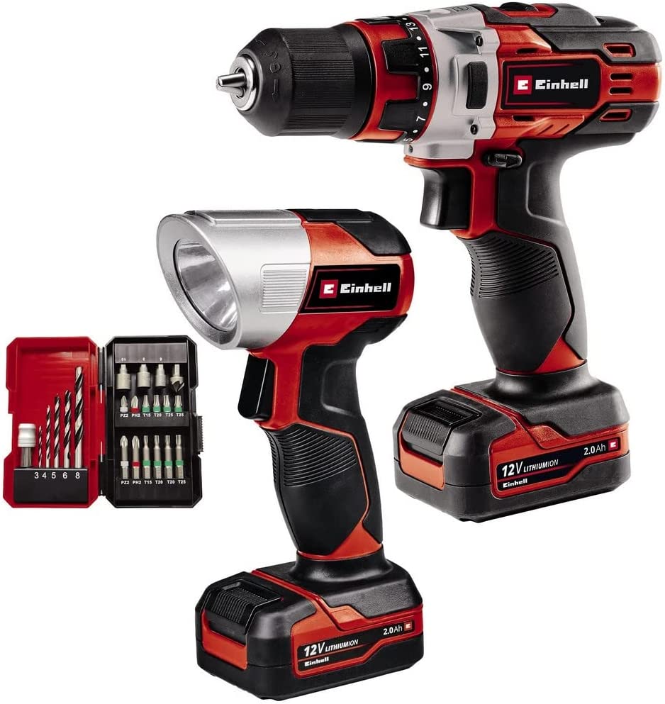 Einhell Cordless Drill TE-CD 12/1 +22+CL, 12V (red/black, 2x Li-Ion battery 2Ah, 22-piece bit and drill set + battery light)