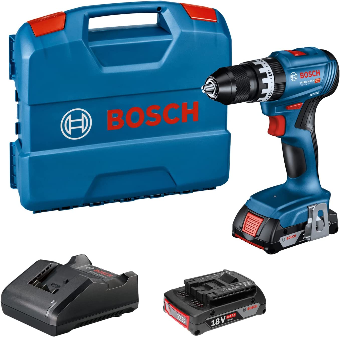 Bosch Cordless Impact Drill GSB 18V-45 Professional, 18V (blue/black, 2x Li-Ion battery 2.0Ah, in L-case)