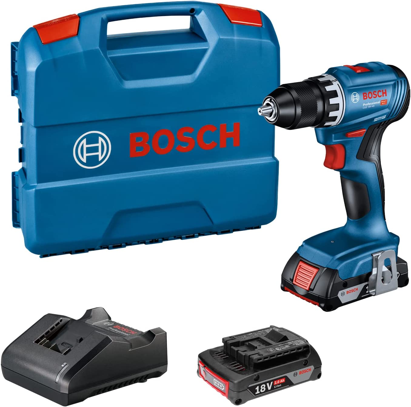 Bosch Cordless Drill GSR 18V-45 Professional, 18V (blue/black, 2x Li-Ion battery 2.0Ah, in L-Case)