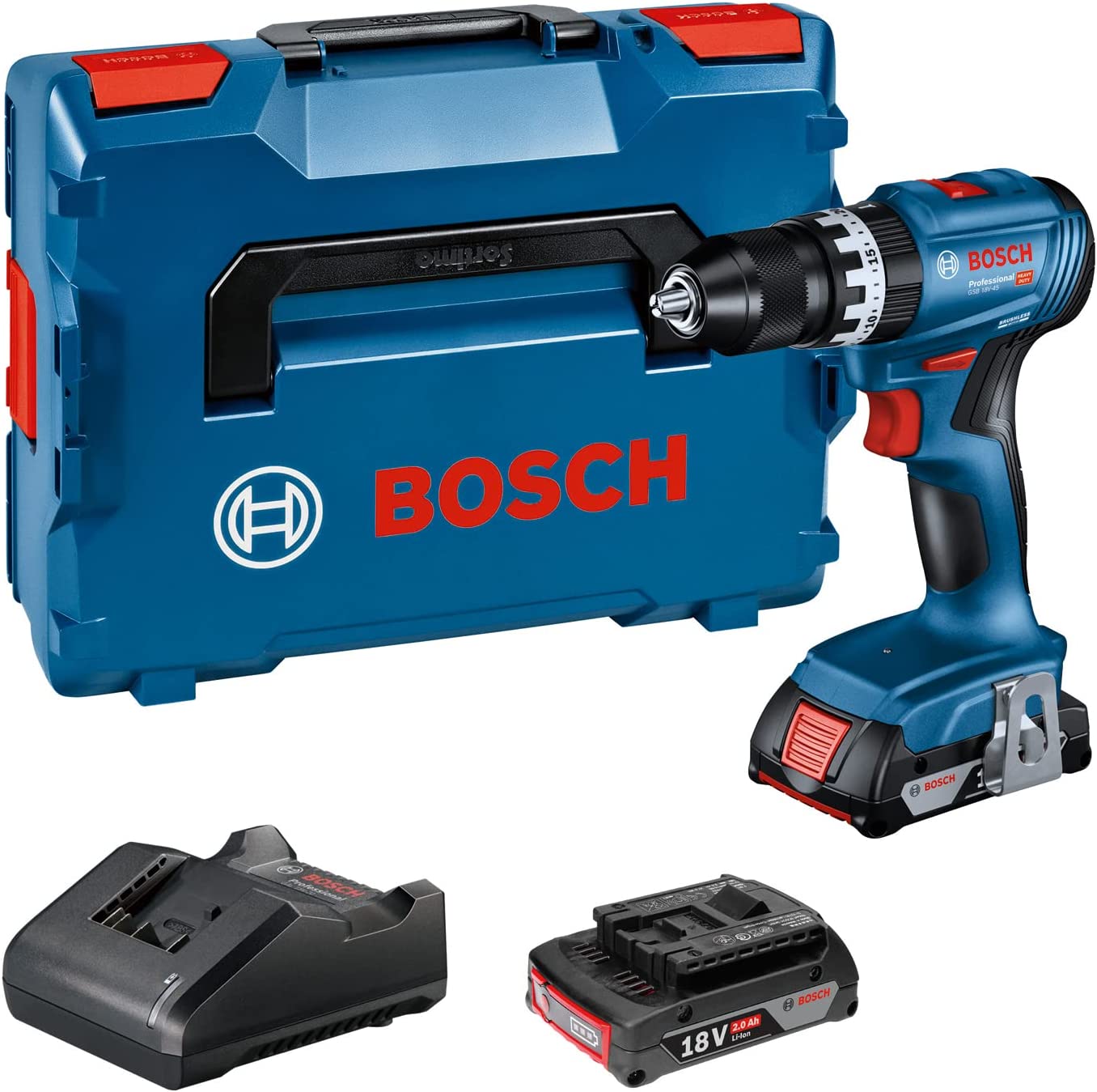 Bosch Cordless Impact Drill GSB 18V-45 Professional, 18V (blue/black, 2x Li-Ion battery 2.0Ah, in L-BOXX)