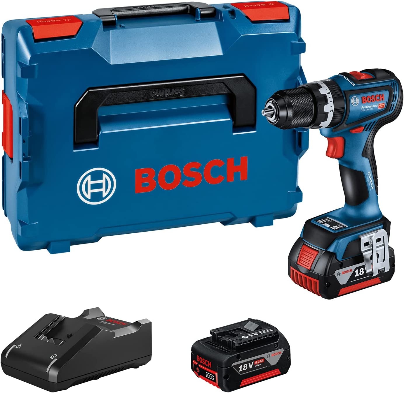 Bosch Cordless Impact Drill GSB 18V-90 C Professional, 18V (blue/black, 2x Li-Ion battery 4.0Ah, in L-BOXX)