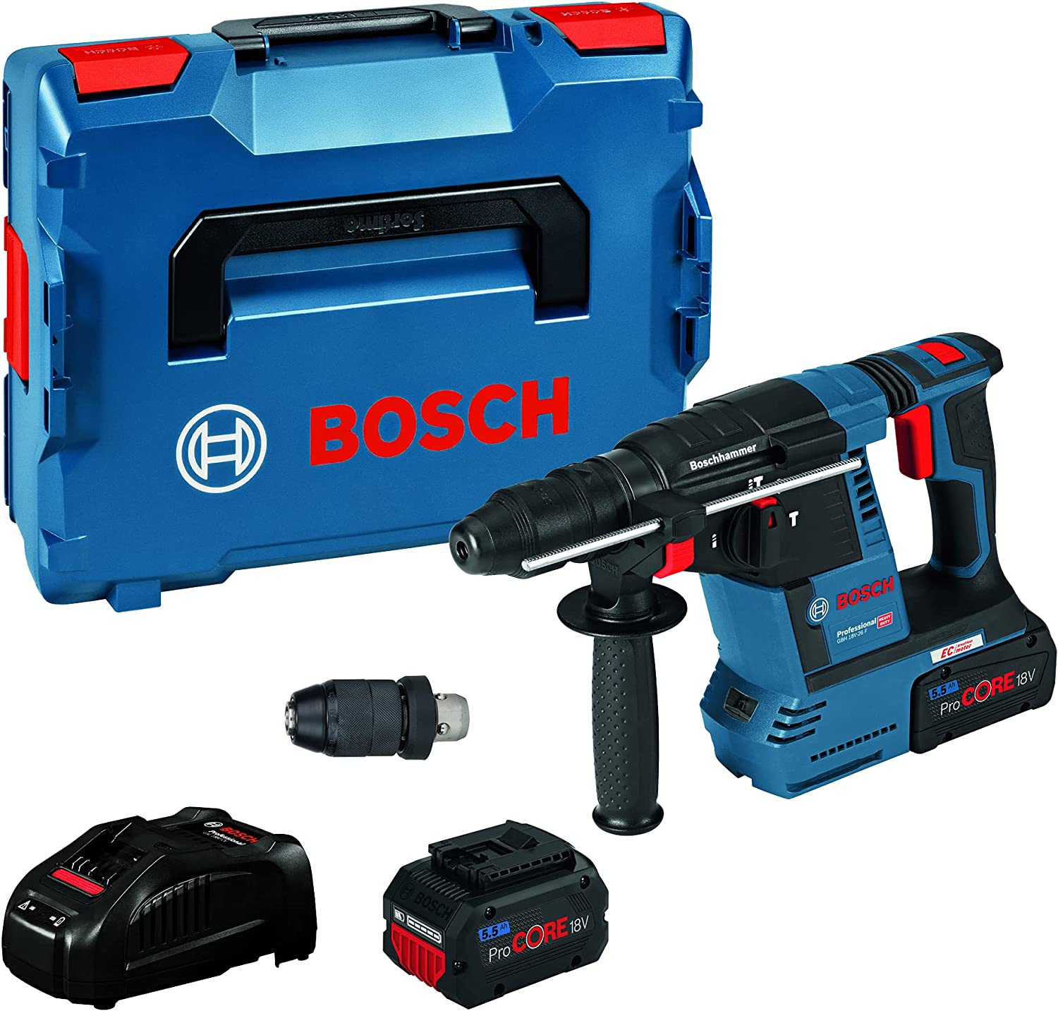 Bosch cordless hammer drill GBH 18V-26 F Professional, 18V (blue/black, 2x battery ProCORE18V 5.5Ah, L-BOXX, dust extraction)