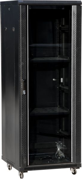 Q-LANTEC 36U 600x600 cabinet, glass front door, black FLAT PACK