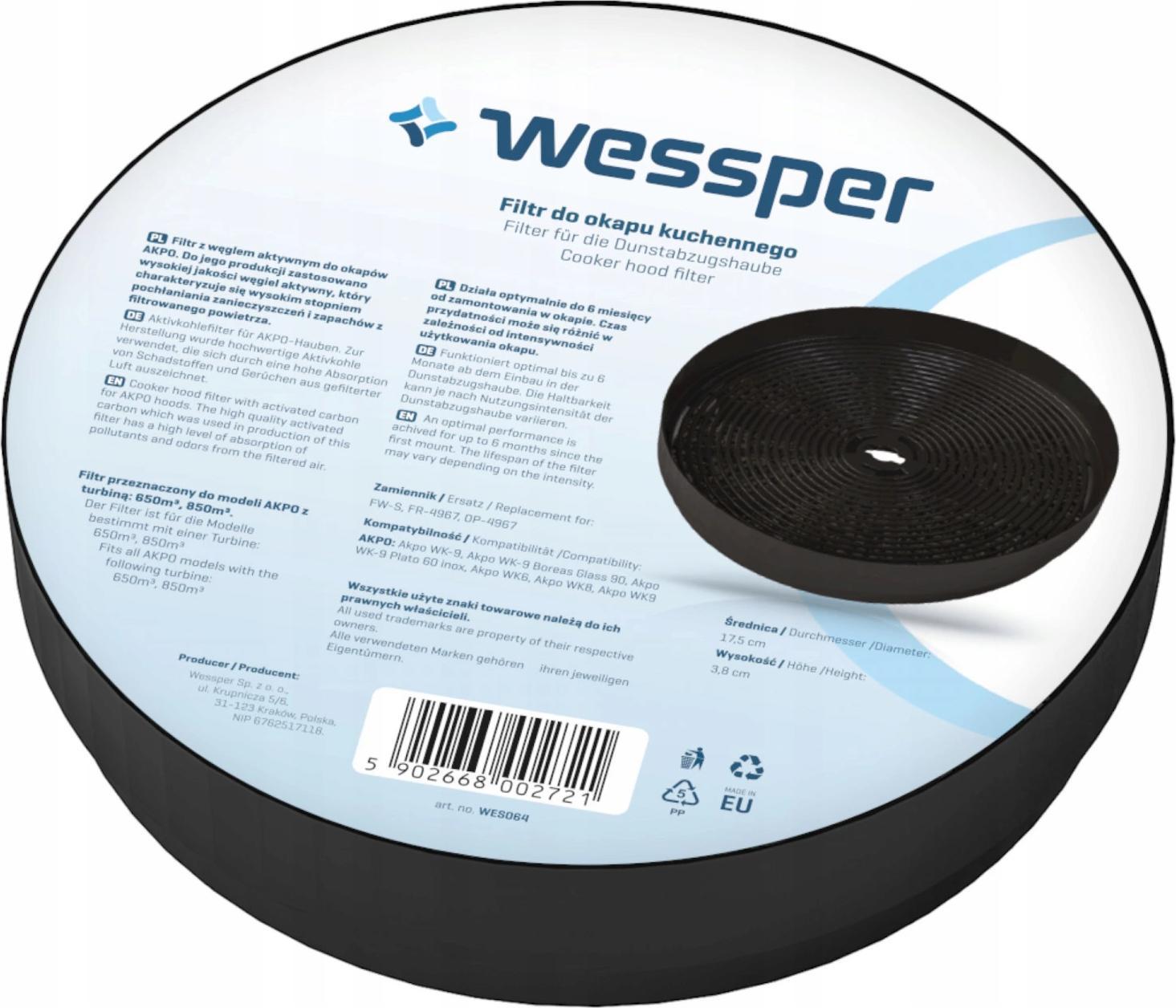 Wessper Carbon filter for the AKPO WK-6 WK-8 WK-9 hood Virtuves piederumi