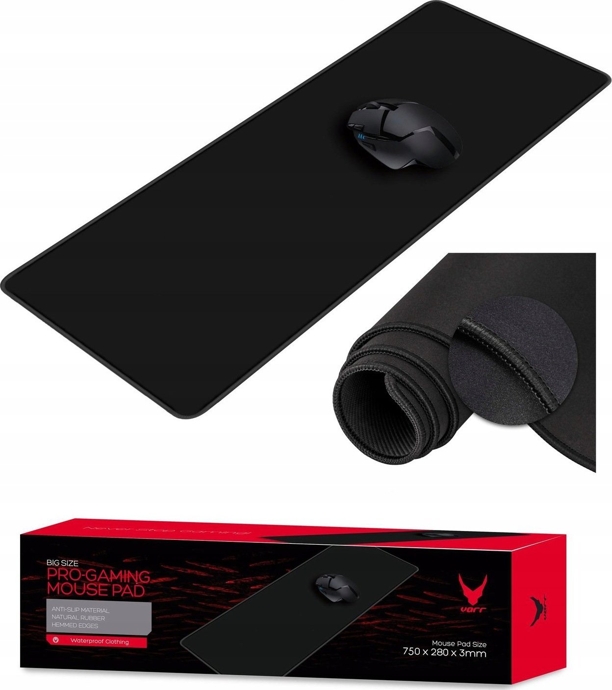 Varr Gaming Mousepad Mat, Size 780x280x3mm, Non Slip Natural Rubber Material, Water Proof, Rugged Look, Black 5907595456753 peles paliknis