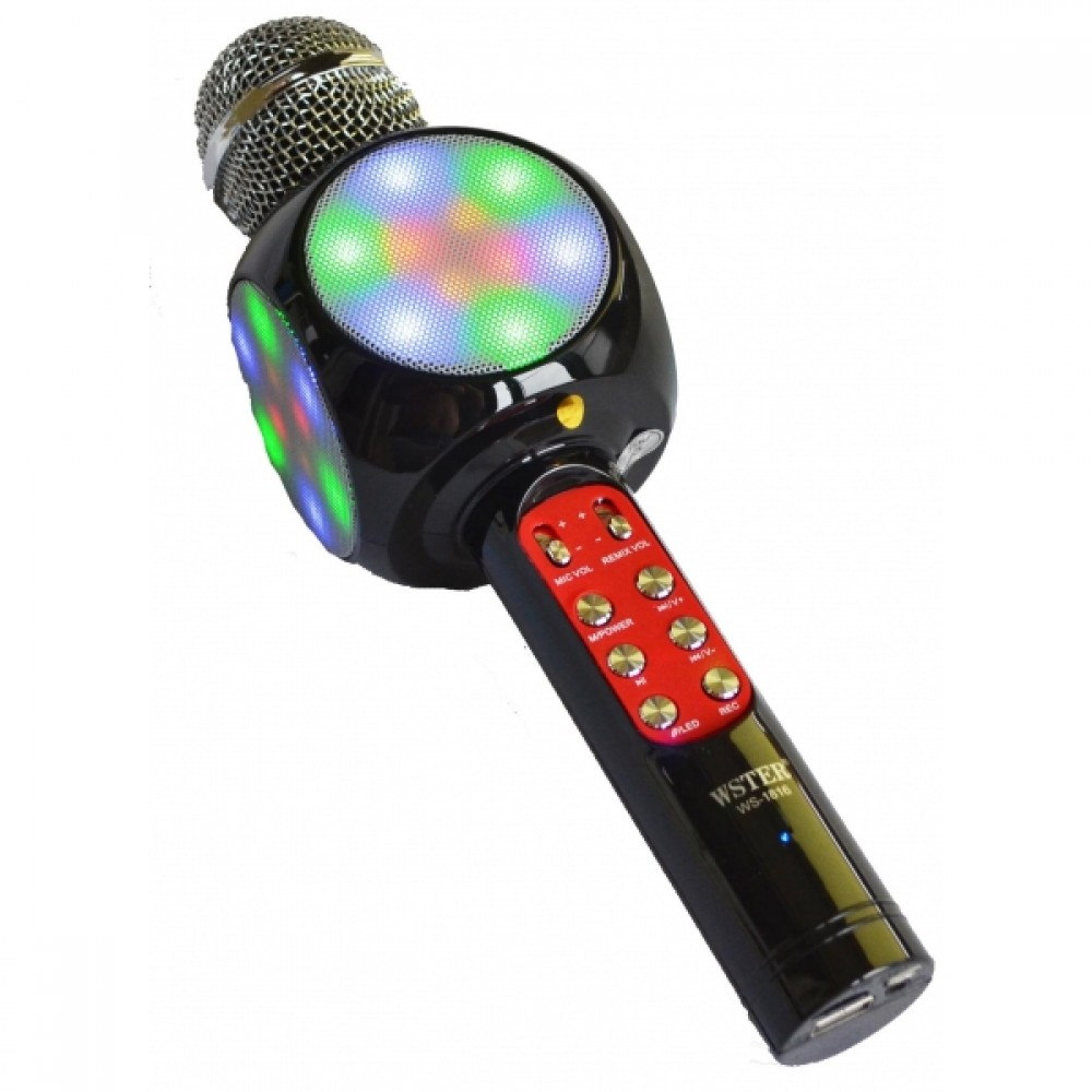 Goodbuy LED 360 karaoke mikrofons ar Bluetooth skaļruni | 5W | aux | balss modulators | USB | Micro SD melns GBMIK5WLED360BK (4752243045756) Mikrofons