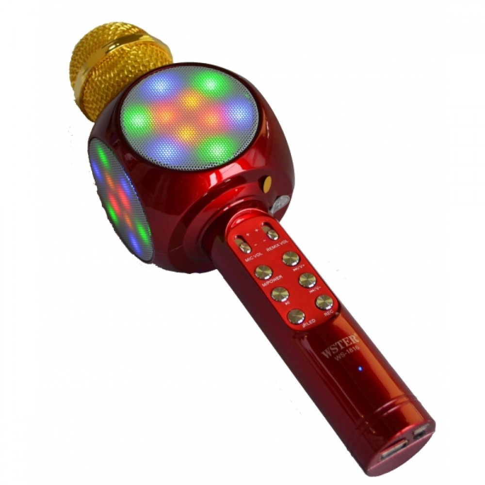 Goodbuy LED 360 karaoke mikrofons ar Bluetooth skaļruni | 5W | aux | balss modulators | USB | Micro SD sarkans GBMIK5WLED360RD (475224304576 Mikrofons