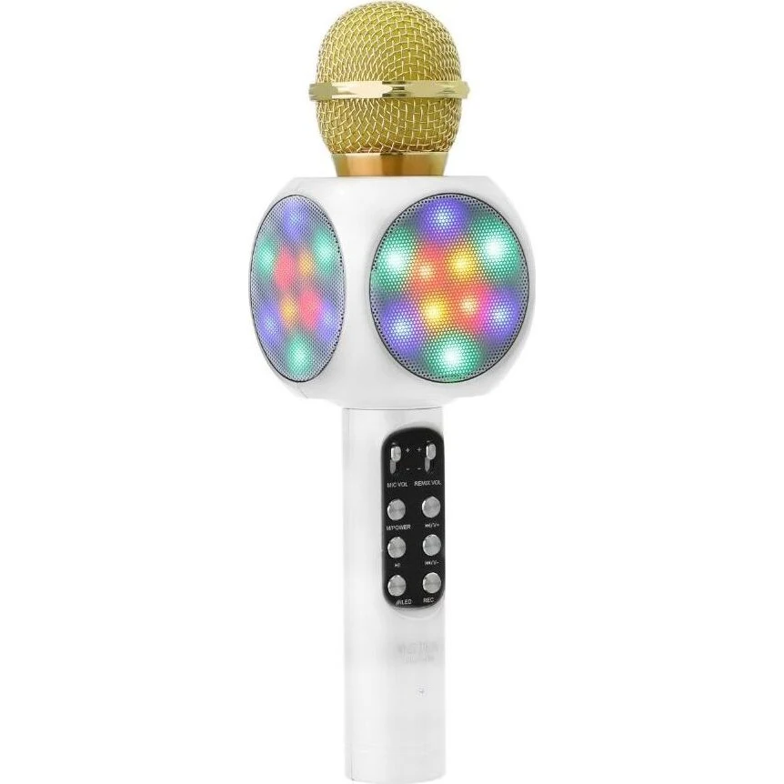 Goodbuy LED 360 karaoke mikrofons ar Bluetooth skaļruni | 5W | aux | balss modulators | USB | Micro SD balts GBMIK5WLED360WH (4752243045749) Mikrofons