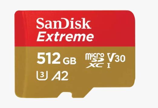 SanDisk microSDXC Extreme 512GB 190/130 MB/s A2 C10 V30 UHS-I U3 atmiņas karte