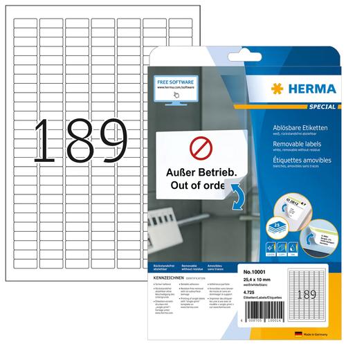 HERMA Removable labels A4 25.4x10 mm white Movables/removable paper matt 4725 pcs. 4008705100014 10001 (4008705100014) printeris