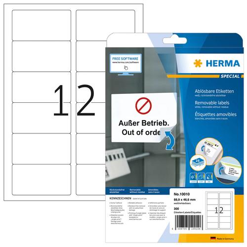 HERMA Removable labels A4 88.9x46.6 mm white Movables/removable paper matt 300 pcs. 4008705100106 10010 (4008705100106) printeris