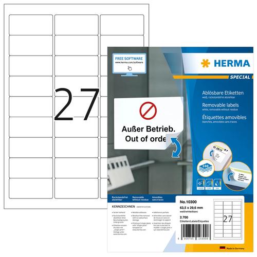 HERMA Removable labels A4 63.5x29.6 mm white Movables/removable paper matt 2700 pcs. 4008705103008 10300 (4008705103008) printeris