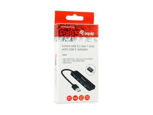 Equip USB-Hub 4-Port 3.0  ->4x3.0 +USBC Ada. o.Netz, schwarz USB centrmezgli