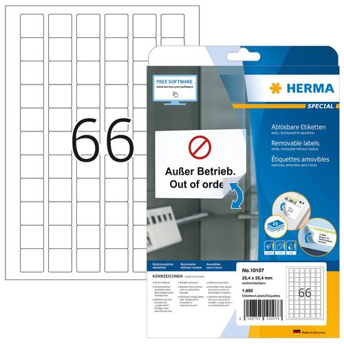 HERMA Removable labels A4 25.4x25.4 mm square white Movables/removable paper matt 1650 pcs. 4008705101073 10107 (4008705101073) printeris