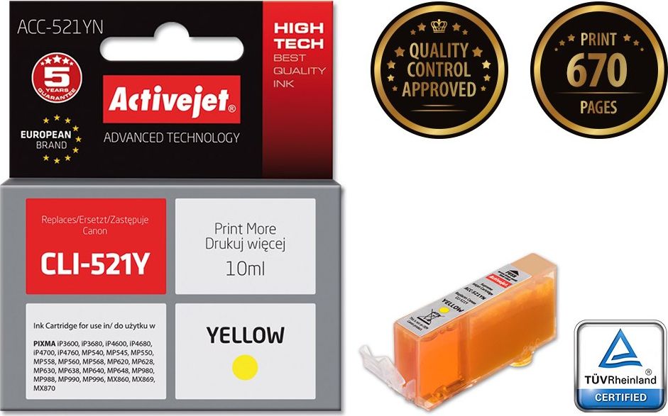 ActiveJet Ink ACC-521YN Canon CLI-521Y Yelow kārtridžs