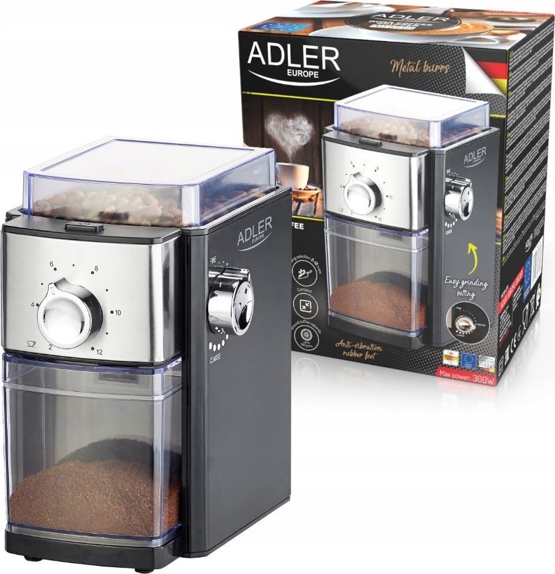Adler Coffee Grinder AD 4448 300 W, Coffee beans capacity 250 g, Number of cups 12 per container pc(s), Black Kafijas dzirnaviņas