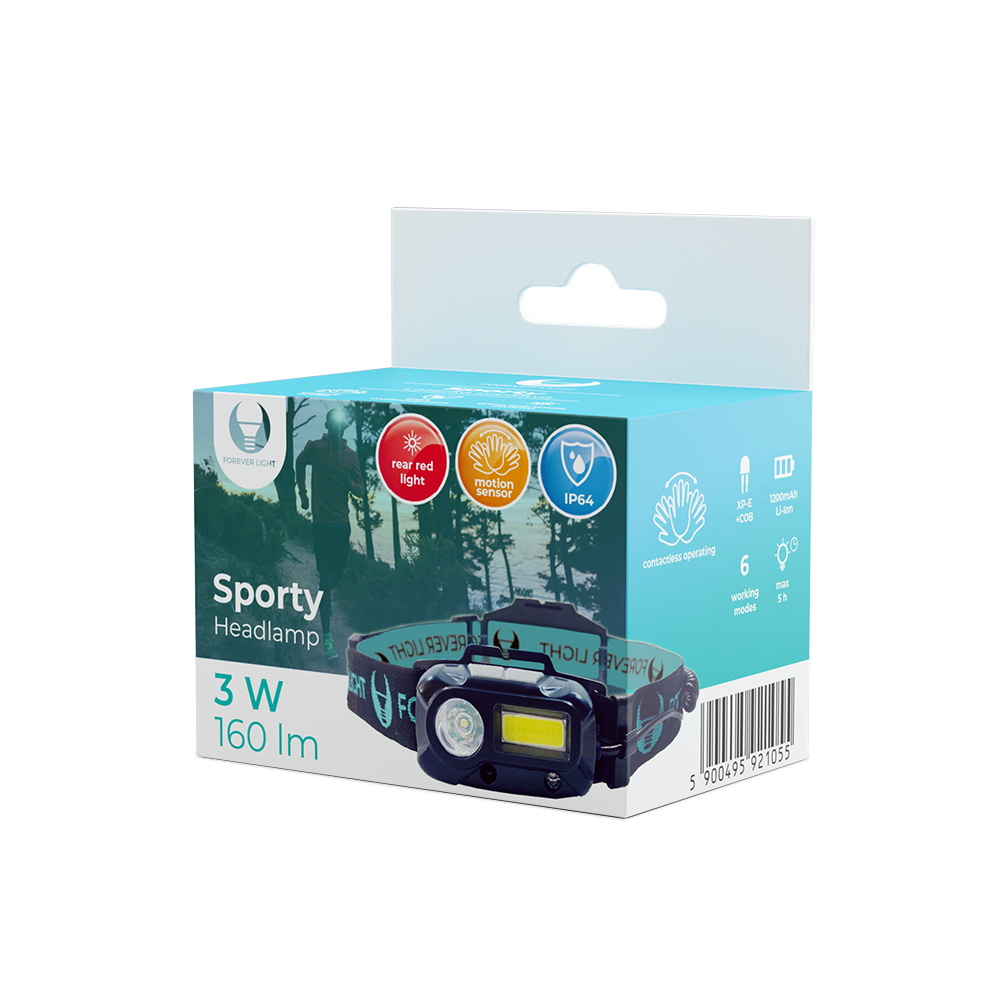 LED Headlamp Sporty XP-E 3W + COB 3W 160lm 1200mAh Forever Light apgaismes ķermenis