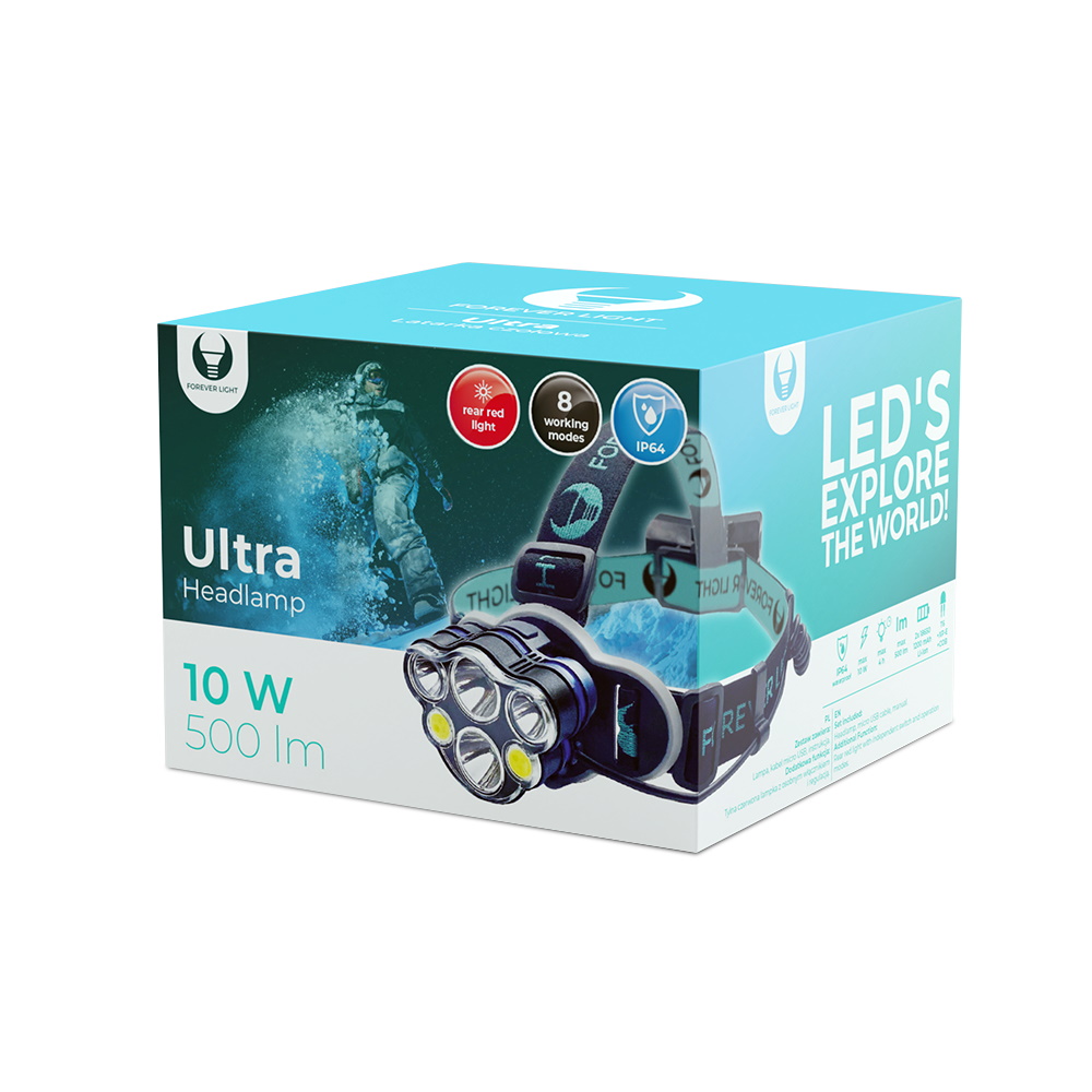 LED Headlamp Ultra T6 2x 10W + XP-E 2x 3W 500lm 2x 18650 1200mAh Li-Ion Forever Light apgaismes ķermenis