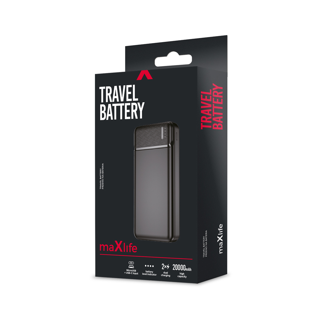 Maxlife MXPB-01 power banka 20000 mAh / 2 x USB melna Powerbank, mobilā uzlādes iekārta