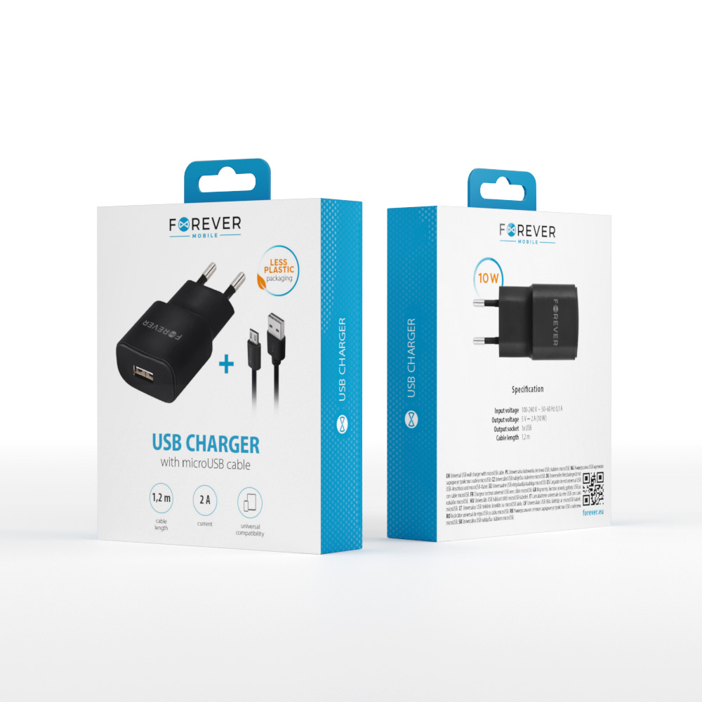 Forever TC-01 charger 1x USB 2A black + microUSB cable iekārtas lādētājs