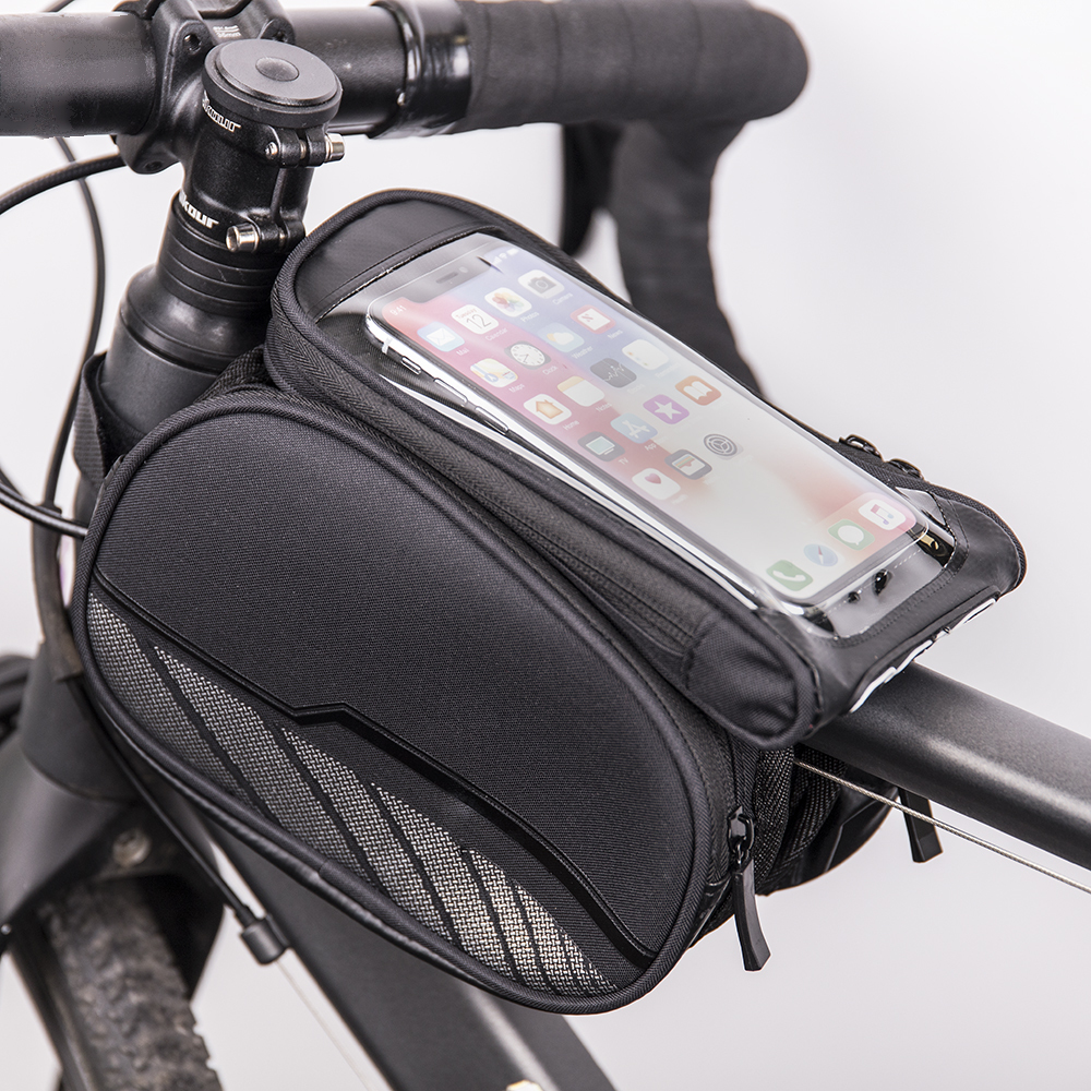 Waterproof bicycle frame bag with a removable phone case black Mobilo telefonu turētāji