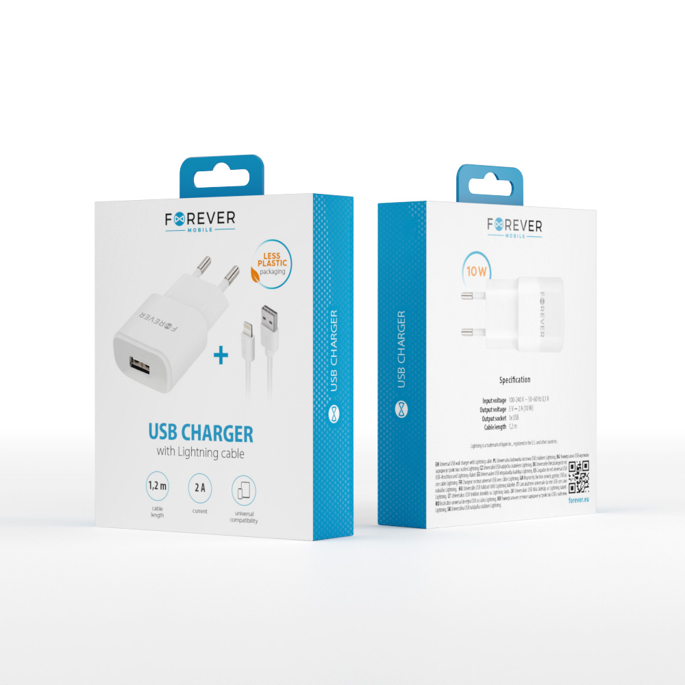 Forever TC-01 charger 1x USB 2A white + Lightning cable iekārtas lādētājs