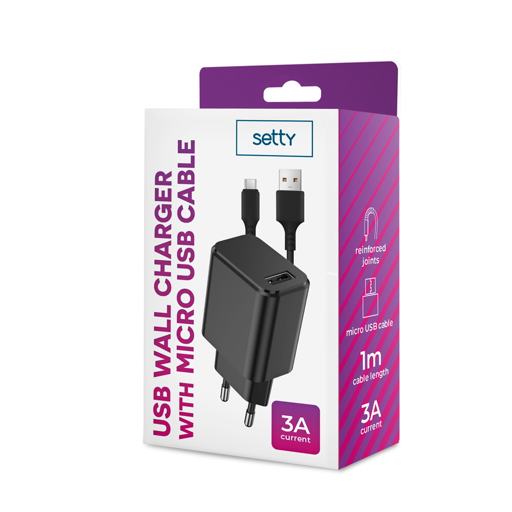 Setty charger 1x USB 3A black + microUSB cable 1,0 m iekārtas lādētājs