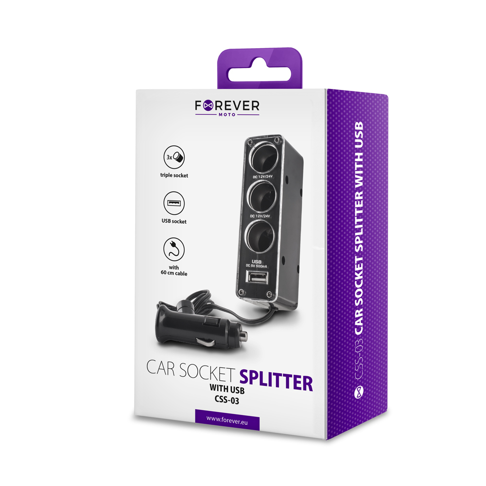 Forever 12/24V Socket splitter + USB 500mAh lādētājs (auto str vas 12/24V ligzdas sadalītājs no 1 uz 3 ar vadu) iekārtas lādētājs