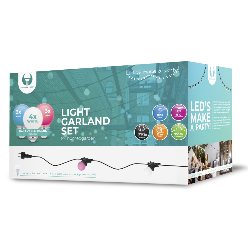 Light garland 12m + 10 bulbs G45 white|pink|blue 2W IP65 apgaismes ķermenis