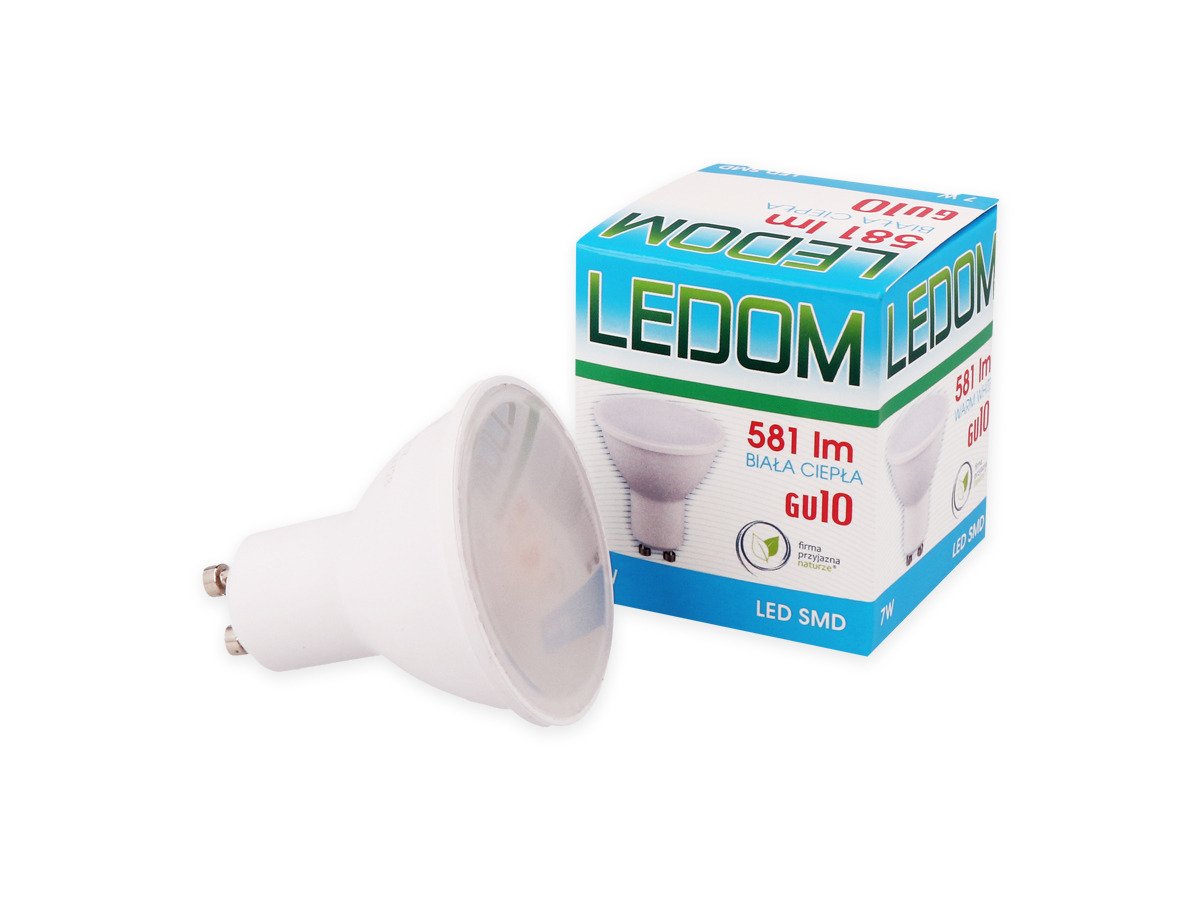 LED spuldze GU10 230 V 7 W 120  degrees  581 lm siltia balta, LEDOM apgaismes ķermenis